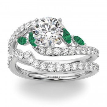 Swirl Design Diamond & Marquise Emerald Bridal Ring Set in Palladium (0.96ct)